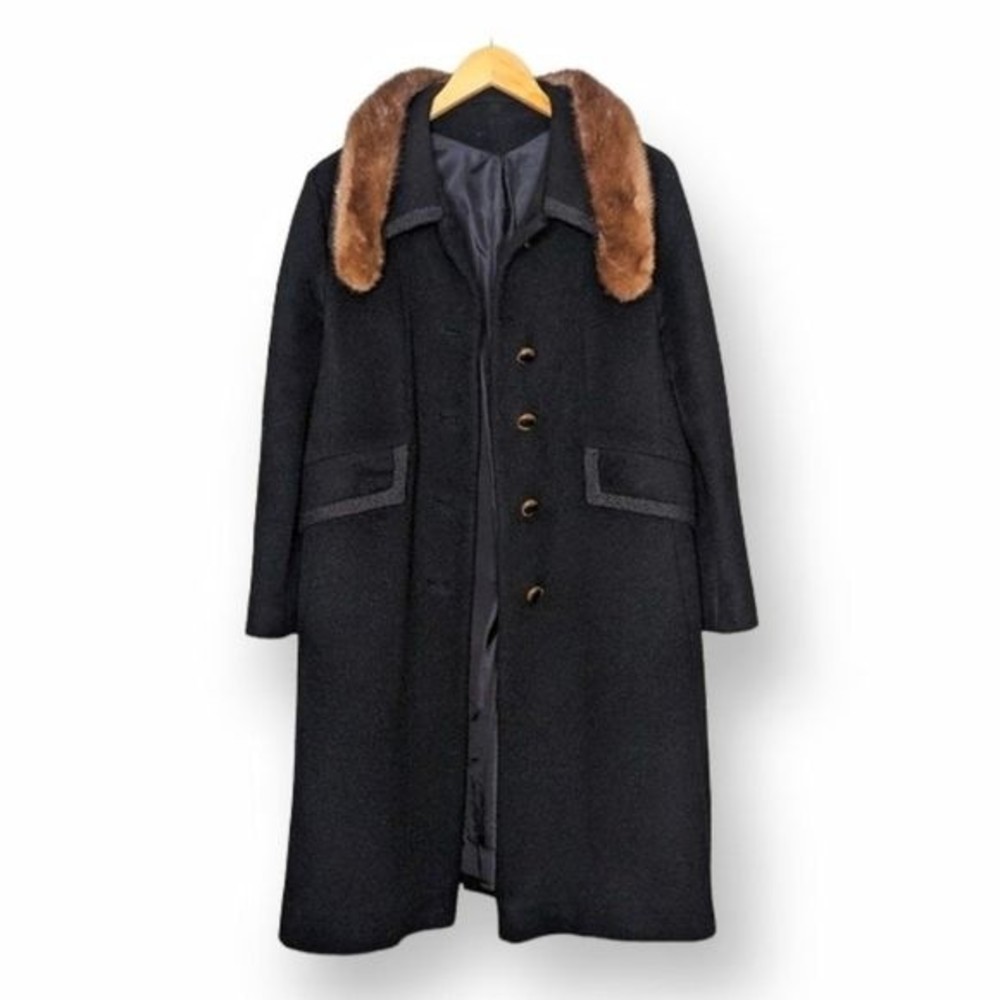 Vintage Mink Collar Wool Dress Coat Midi Length Warm S/M